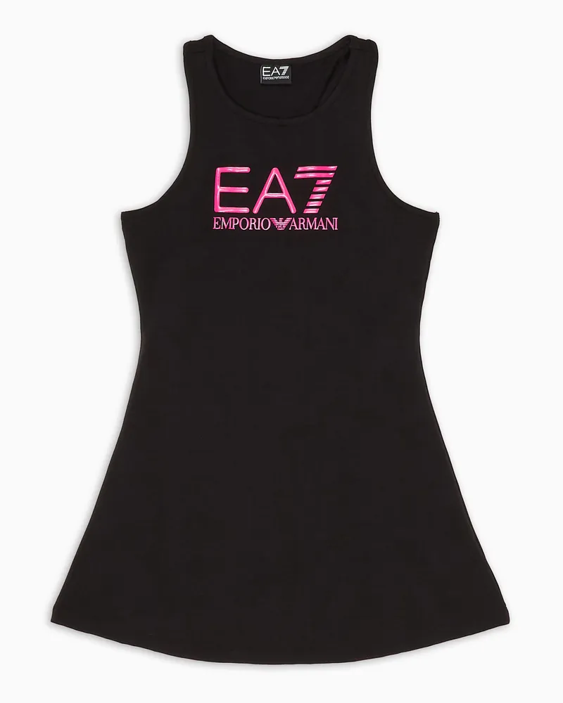EA7 Logo Series Girl Kleid aus Baumwollstretch Schwarz