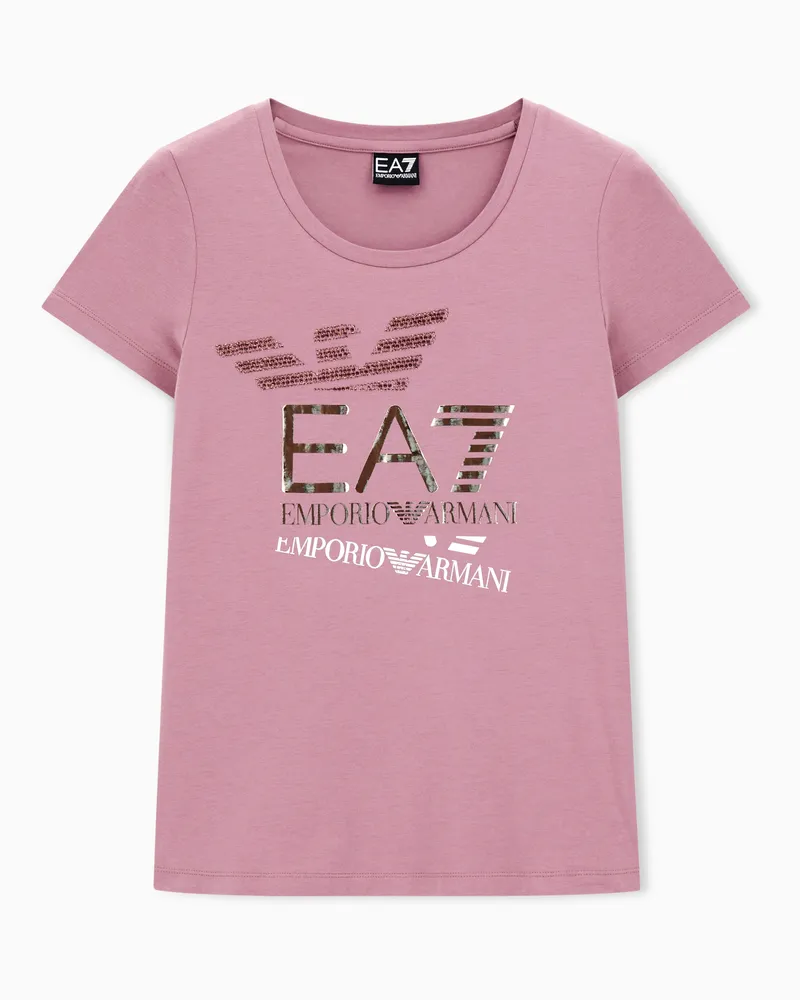 EA7 Logo Series T-Shirt aus Baumwollstretch mit Rundhalsausschnitt und Print Pink