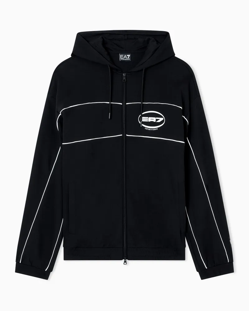 EA7 Logo Series Sweatshirt mit Kapuze aus elastischem Baumwollmischgewebe Schwarz
