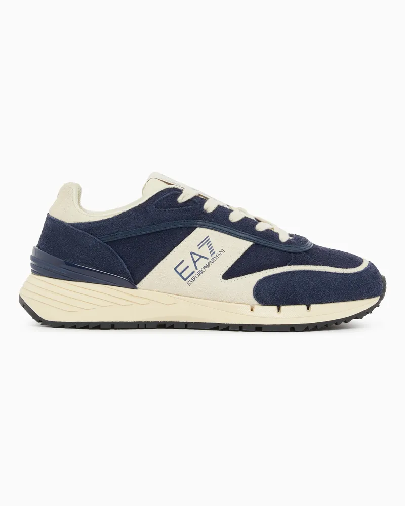 EA7 OTG Black and White Velo Sneaker aus Veloursleder Blau