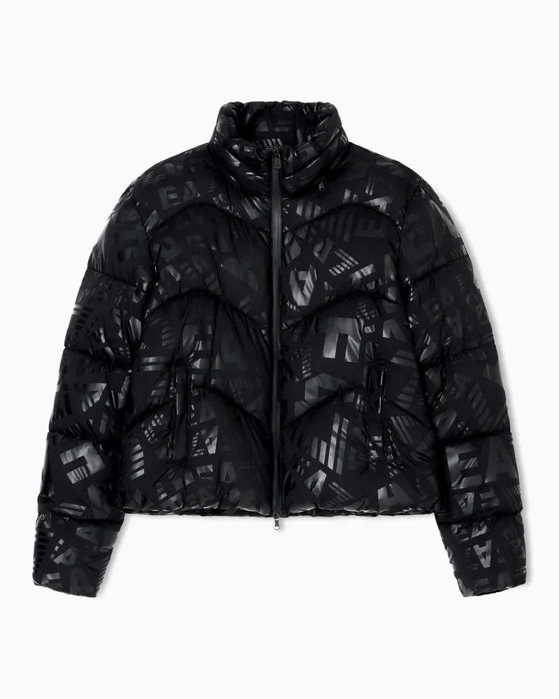 EA7 Wattierte Nylon-Jacke mit Allover-Monogramm-Print Schwarz