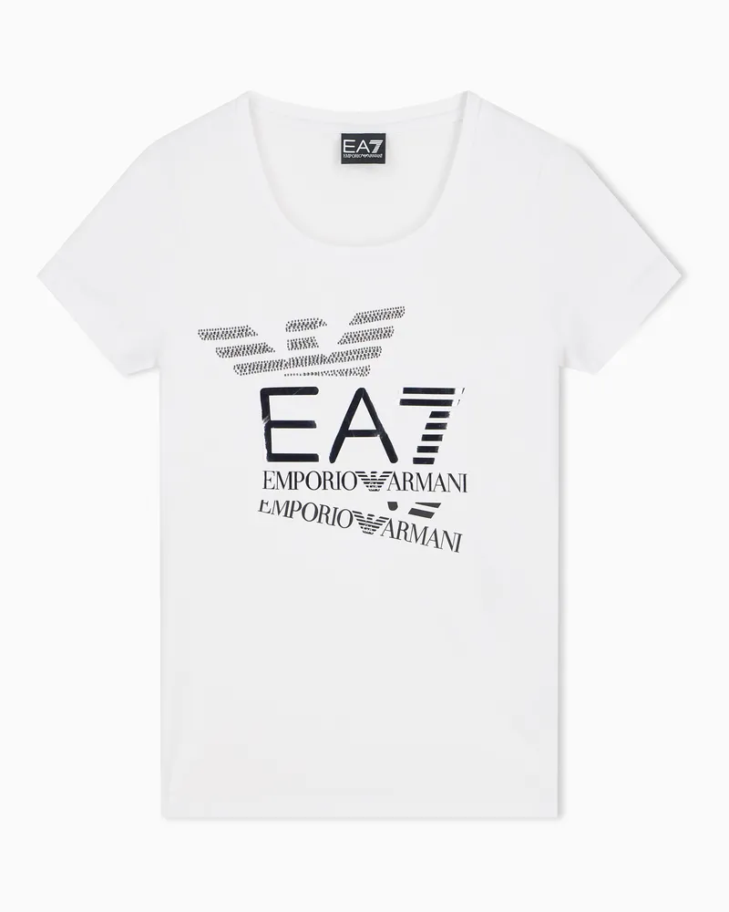 EA7 T-Shirt Logo Series aus Baumwolljersey mit Strasssteinen Weiß
