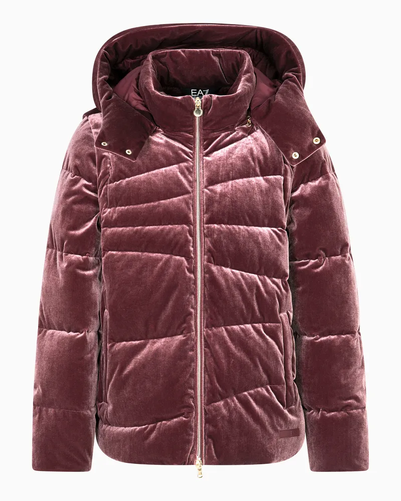EA7 Athletic Velour wattierte Jacke aus elastischem Samt Burgunderrot