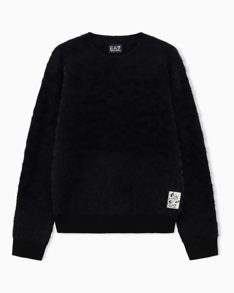 EA7 Flauschiger Pullover mit Rundhals und einem Leoparden-Patch Schwarz