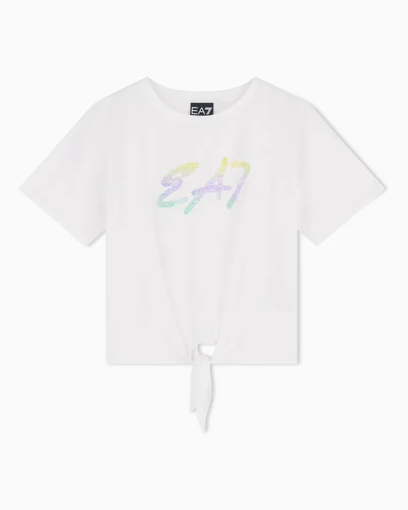 EA7 Logo Series Girl T-Shirt mit Rundhalsausschnitt aus Baumwollstretch Weiß
