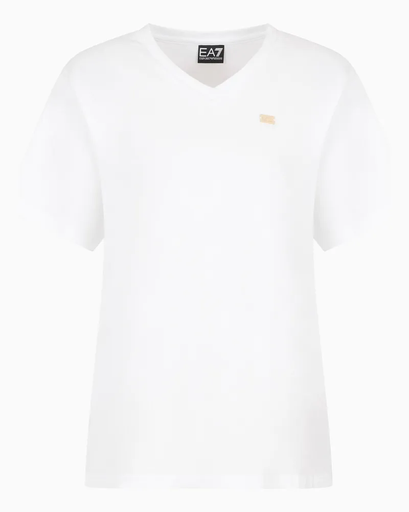 EA7 Core Lady T-Shirt mit V-Ausschnitt aus Baumwollstretch-Jersey Weiß