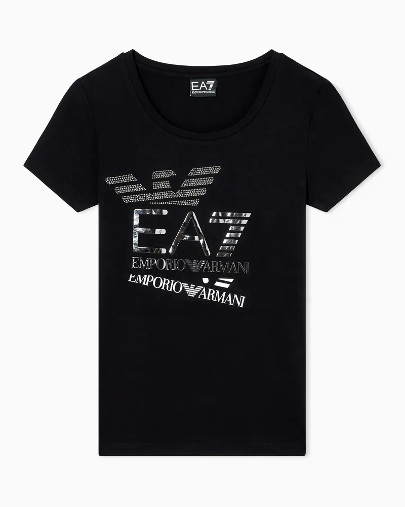 EA7 Logo Series T-Shirt aus Baumwollstretch mit Rundhalsausschnitt und Print Schwarz