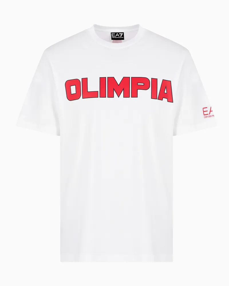 EA7 Olimpia Milano Baumwoll-T-Shirt mit Rundhalsausschnitt Weiß