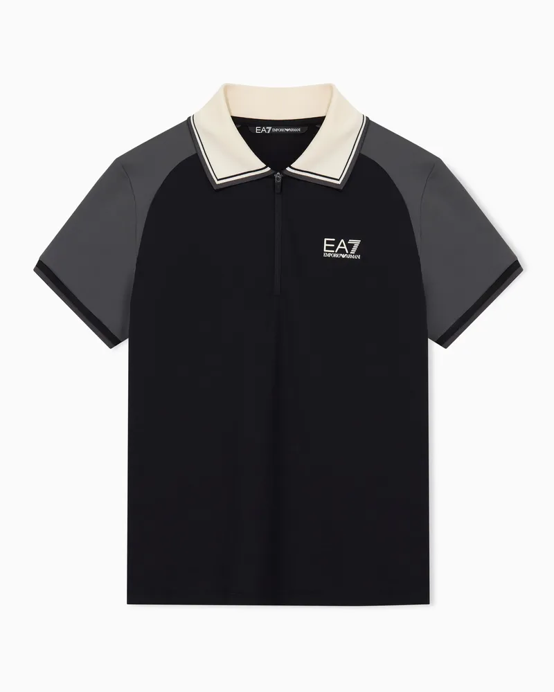EA7 Polohemd Golf Pro mit Zip und gestreiftem Kragen Schwarz