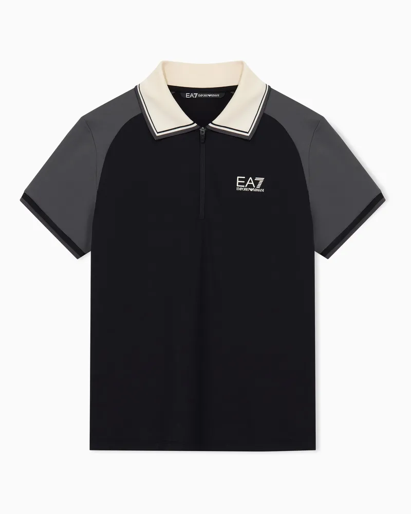 EA7 Polohemd Golf Pro mit Zip und gestreiftem Kragen Schwarz