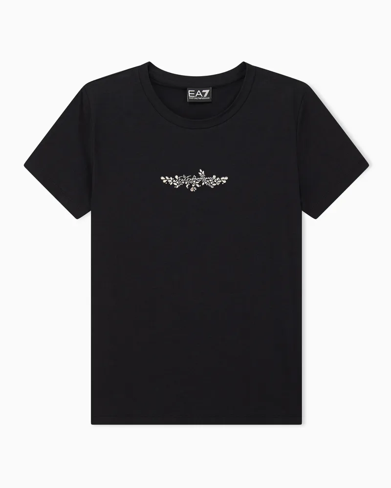 EA7 T-Shirt Logo Series aus Baumwolle mit floralen Kristallen Schwarz