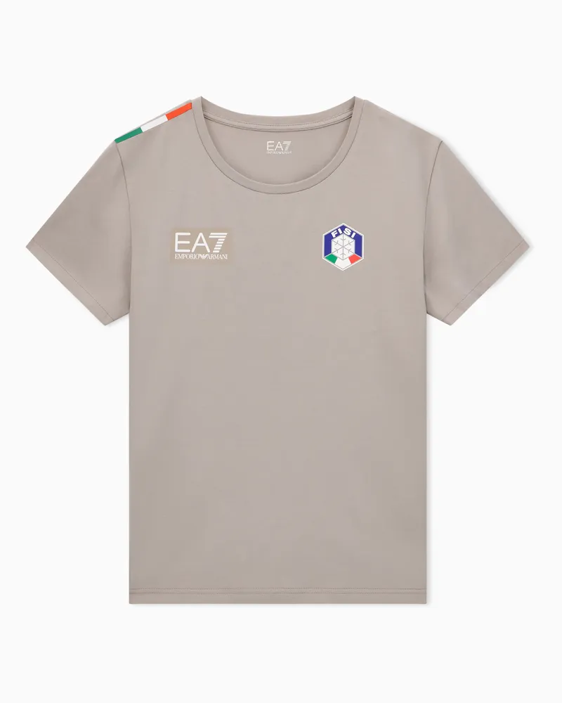 EA7 Rundhals-T-Shirt der FISI-Kollektion aus Stretchjersey Beige