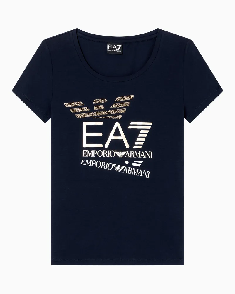 EA7 Logo Series T-Shirt aus Baumwollstretch mit Rundhalsausschnitt und Print Marineblau