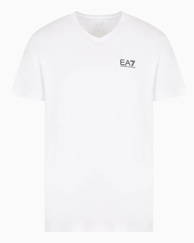EA7 Core Identity T-Shirt mit V-Ausschnitt aus Baumwollstretch-Jersey Weiß