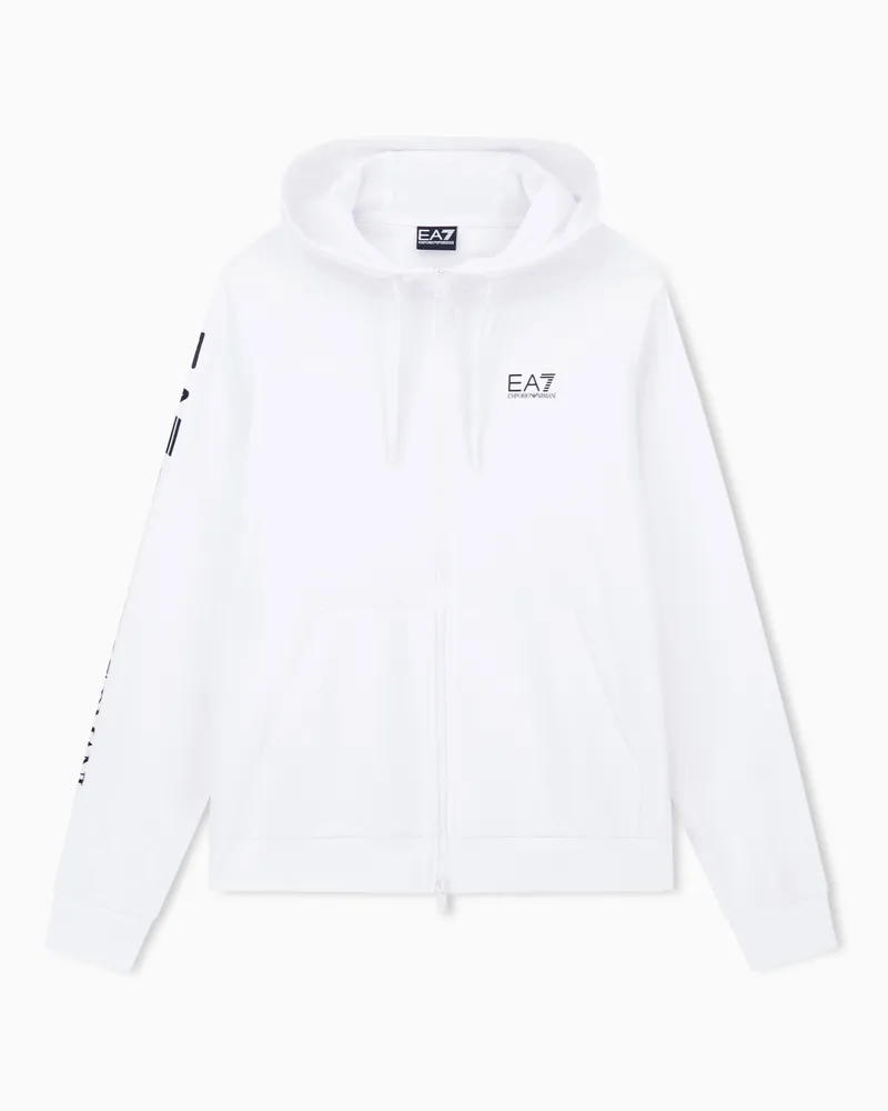 EA7 Logo Series Sweatshirt mit Kapuze und Reißverschluss, gefertigt aus Baumwolle Weiß