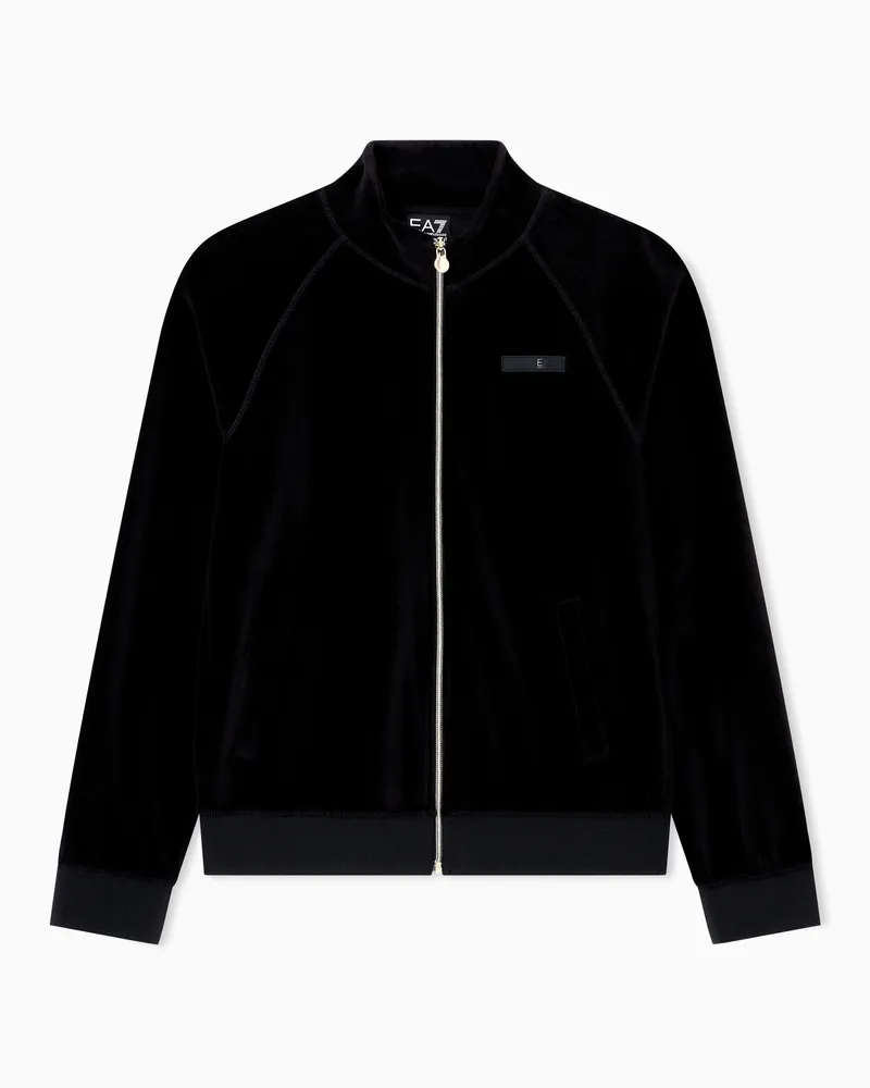 EA7 Athletic Velour Sweatshirt mit Reißverschluss aus Stretch-Chenille Schwarz