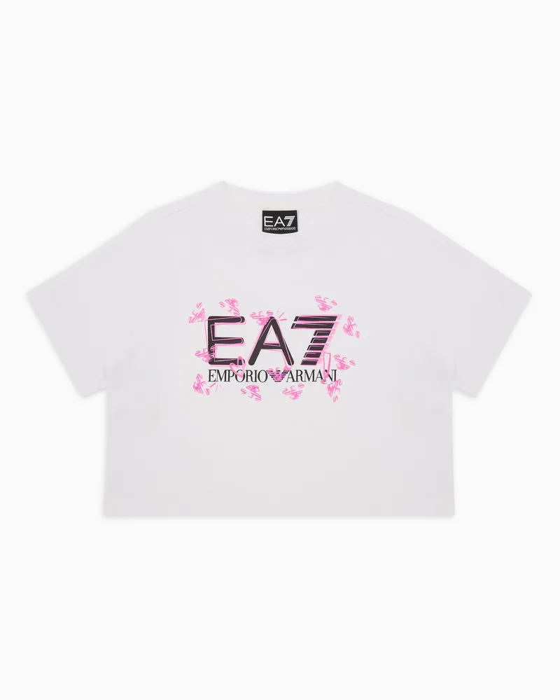 EA7 Logo Series Girl T-Shirt aus Baumwollstretch Weiß
