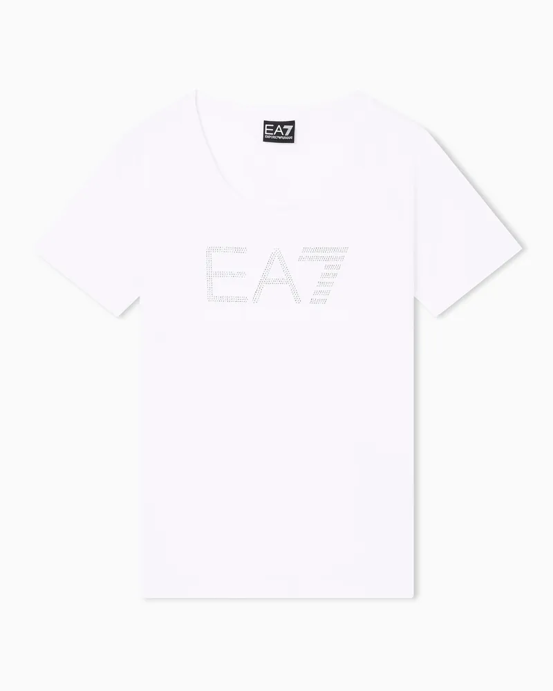 EA7 Logo Series T-Shirt aus Baumwollstretch mit Rundhalsausschnitt und Strass-Details Weiß