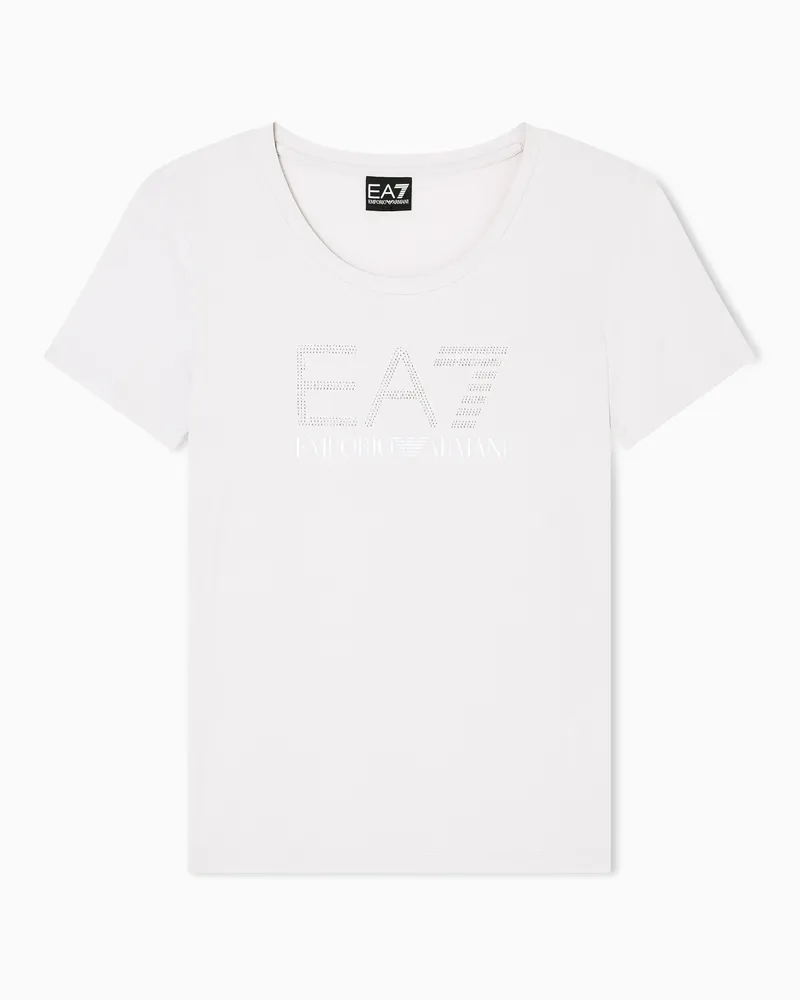 EA7 Logo Series T-Shirt aus Baumwollstretch mit Rundhalsausschnitt und Strass-Details Weiß