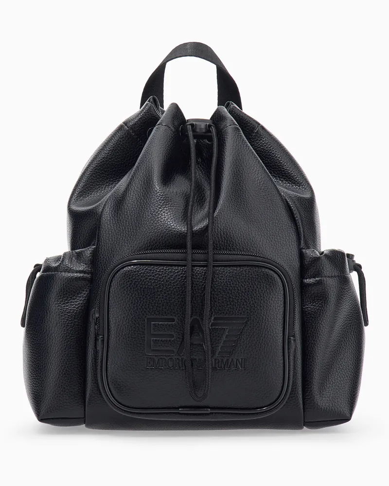 EA7 Rucksack mit geprägtem Logo und Kordelzugverschluss in Lederoptik Schwarz