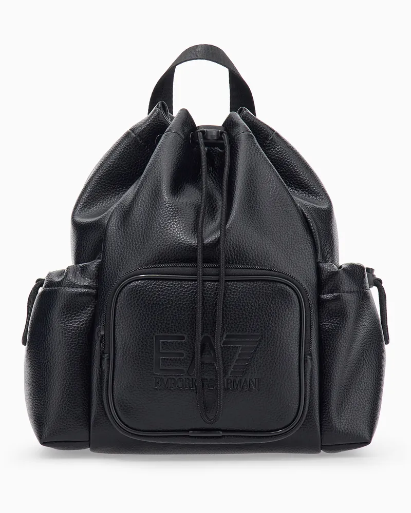 EA7 Rucksack mit geprägtem Logo und Kordelzugverschluss in Lederoptik Schwarz