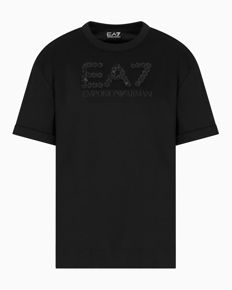 EA7 Logo Series T-Shirt mit Rundhalsausschnitt aus Baumwoll-Jersey mit Pailletten Schwarz