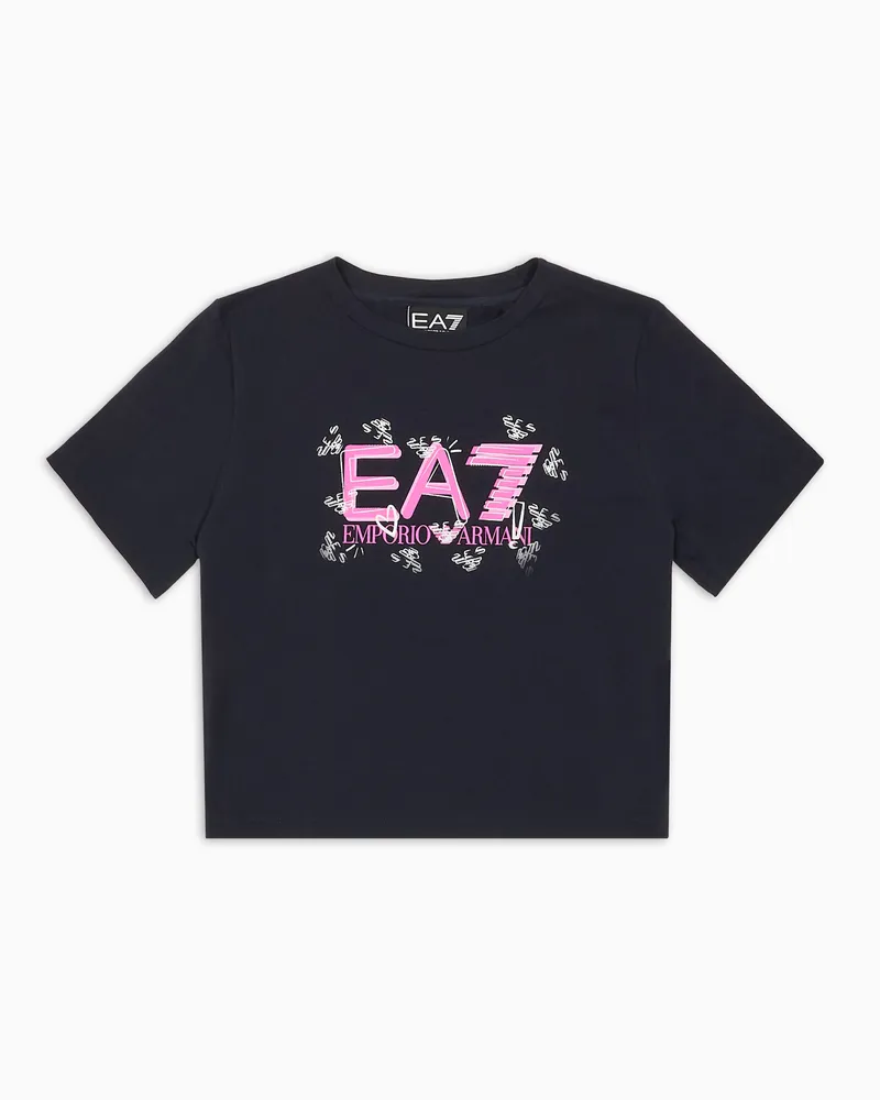EA7 Logo Series Girl T-Shirt aus Baumwollstretch Marineblau