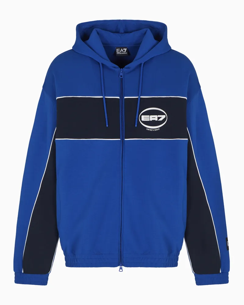 EA7 Logo Series Sweatshirt mit Kapuze aus elastischem Baumwollmischgewebe Blau