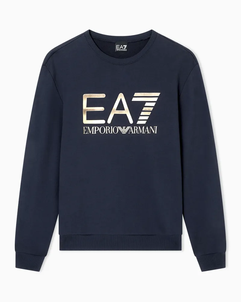 EA7 Logo Series Jersey-Sweatshirt mit Rundhalsausschnitt und Maxi-Logo, gefertigt aus Baumwollstretch Marineblau