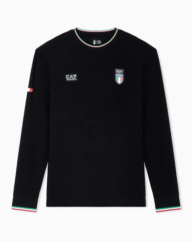 EA7 T-Shirt aus Stretchjersey mit Rundhalsausschnitt und langen Ärmeln Schwarz