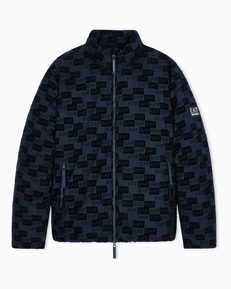 EA7 Oversize Bomberjacke mit Kapuze und Monogramm aus Samt Marineblau