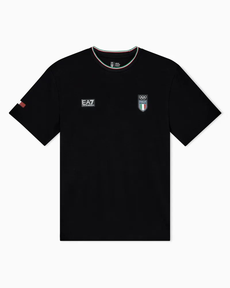 EA7 T-Shirt aus Stretchjersey mit Rundhalsausschnitt und kurzen Ärmeln Schwarz