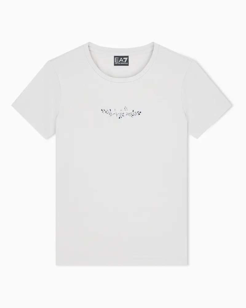 EA7 T-Shirt Logo Series aus Baumwolle mit floralen Kristallen Grau