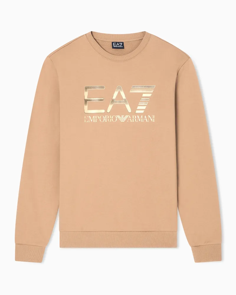 EA7 Logo Series Jersey-Sweatshirt mit Rundhalsausschnitt und Maxi-Logo, gefertigt aus Baumwollstretch Beige