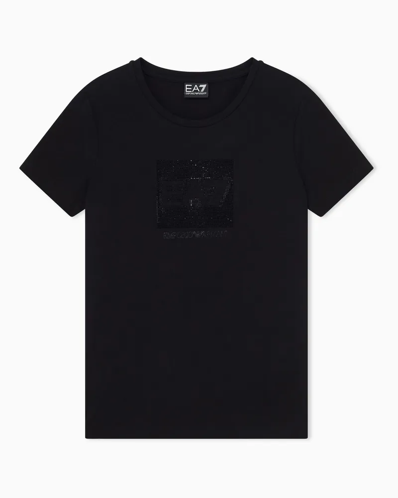 EA7 T-Shirt Logo Series schmales Baumwolljersey mit Strass Schwarz