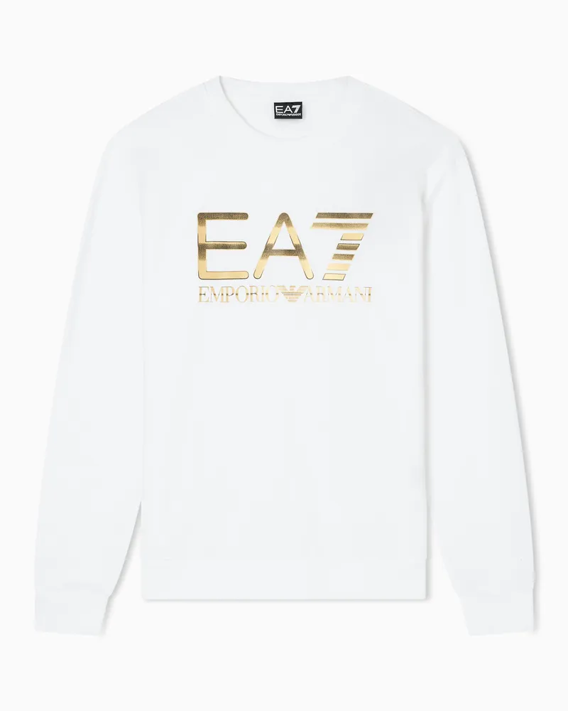 EA7 Logo Series Jersey-Sweatshirt mit Rundhalsausschnitt und Maxi-Logo, gefertigt aus Baumwollstretch Weiß