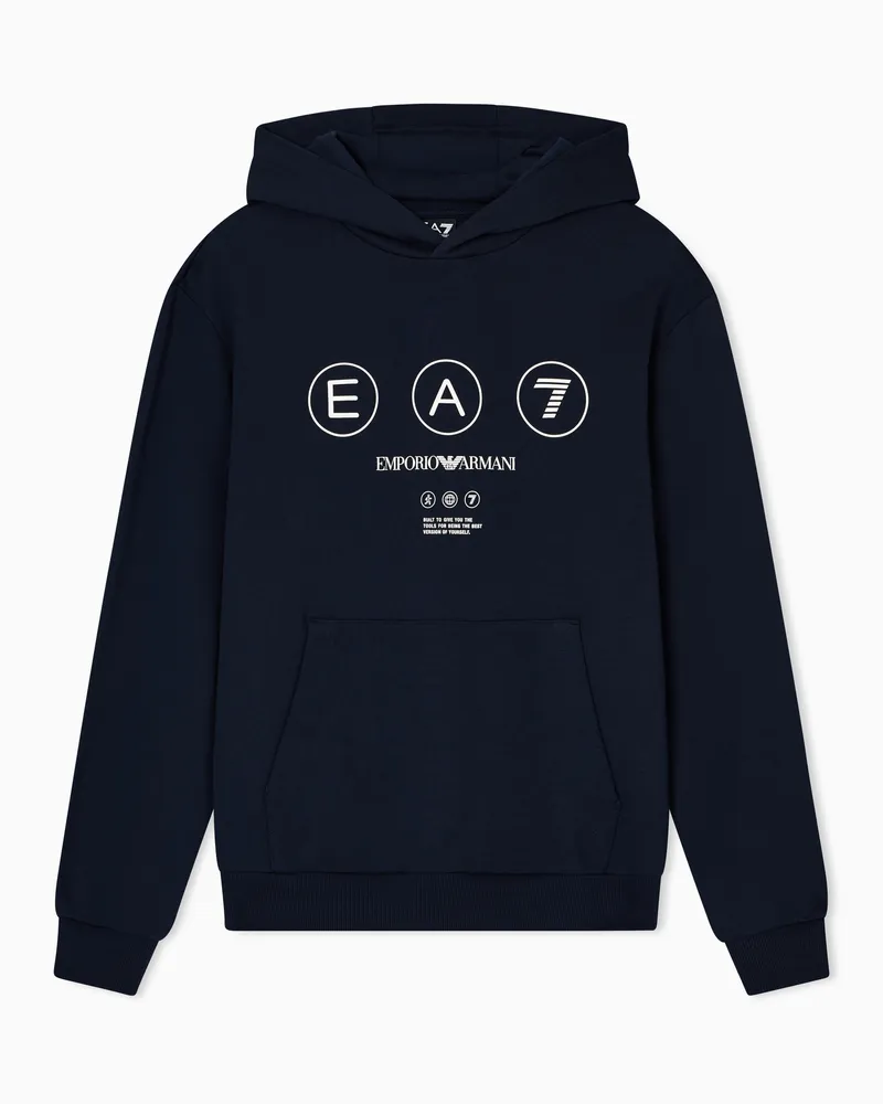 EA7 Logo Series Sweatshirt aus Baumwoll-French-Terry mit Kapuze Marineblau