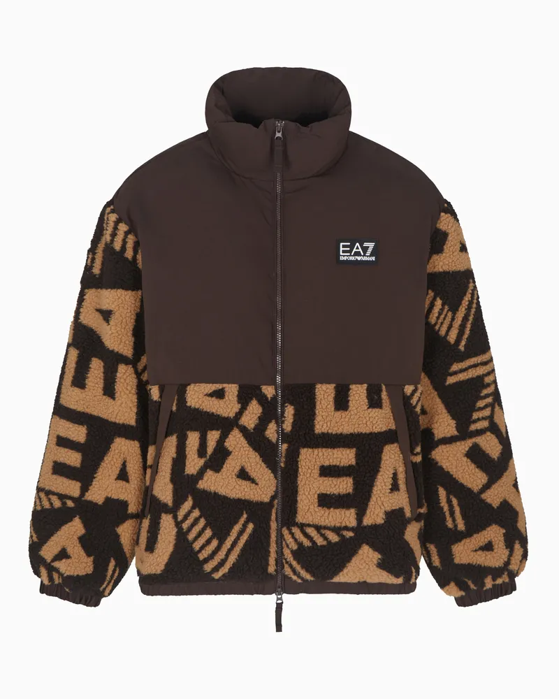 EA7 Wattierte Jacke aus Teddystoff mit Monogramm Braun