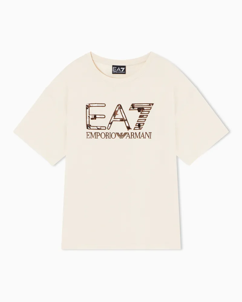EA7 Logo Series Girl T-Shirt aus Baumwoll-Jersey Beige