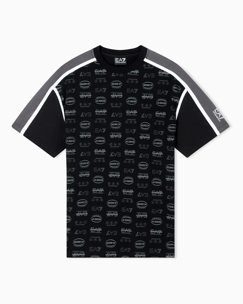 EA7 Logo Series T-Shirt mit Rundhalsausschnitt aus Baumwolle, mit durchgehendem Monogramm-Muster Schwarz
