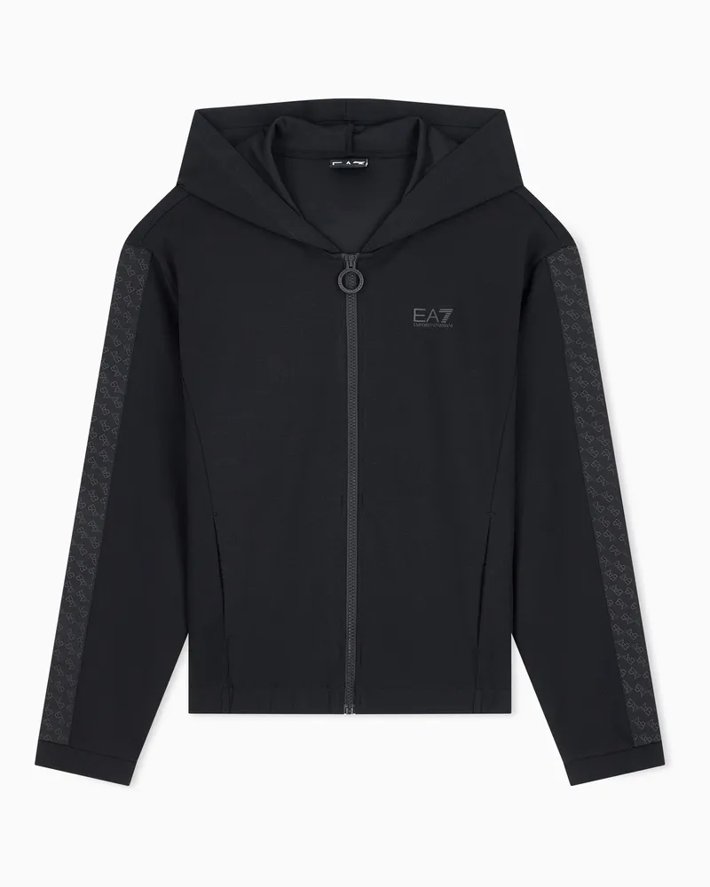 EA7 Kapuzenjacke Logo Serie mit Reißverschluss und Ärmelband Schwarz