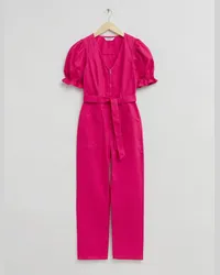 & Other Stories Femininer Jumpsuit mit Puffärmeln Und V-Ausschnitt - Rosa Knallrosa