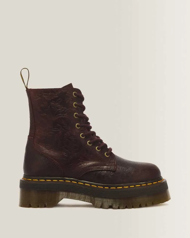 Dr.Martens Jadon Floral Emboss 8-Ösen Crazy Horse Leder Plateaustiefel Schuhe in Rot, Größe Rot