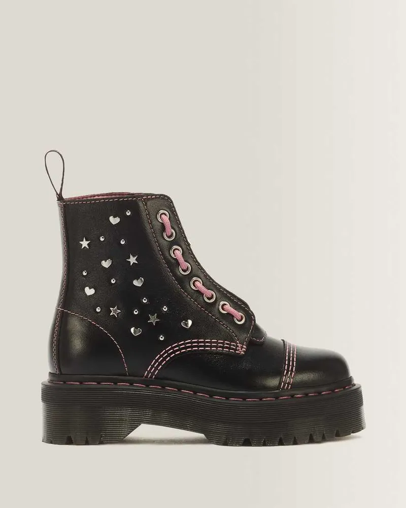 Dr.Martens Sinclair Hearts & Stars 8-Ösen Milled Gloss Leder Plateaustiefel Schuhe in Schwarz, Größe Schwarz