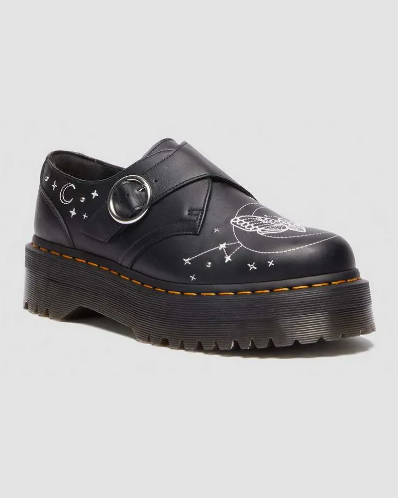 Dr.Martens Leder Monk Strap Quad Celestial Moth Plateau Schuhe Mit Stickerei in Schwarz, Größe Schwarz