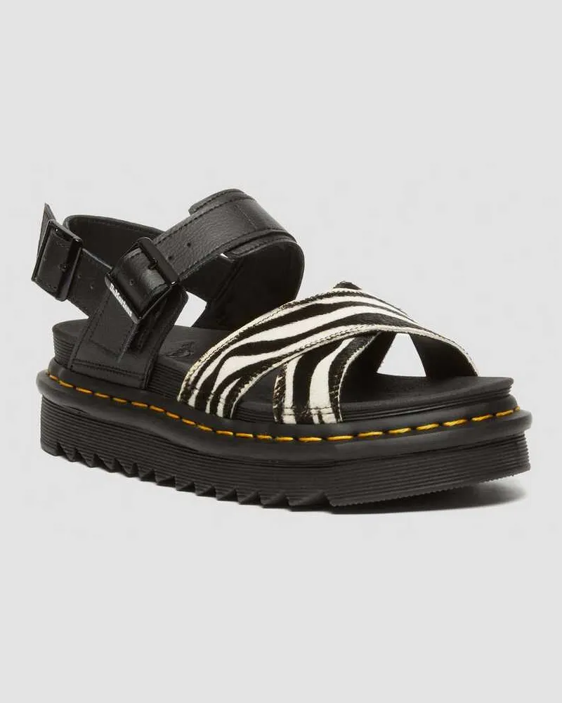 Dr.Martens Leder Voss II Hair-On Zebra Print Sandalen in Schwarz/Weiß, Größe Schwarz