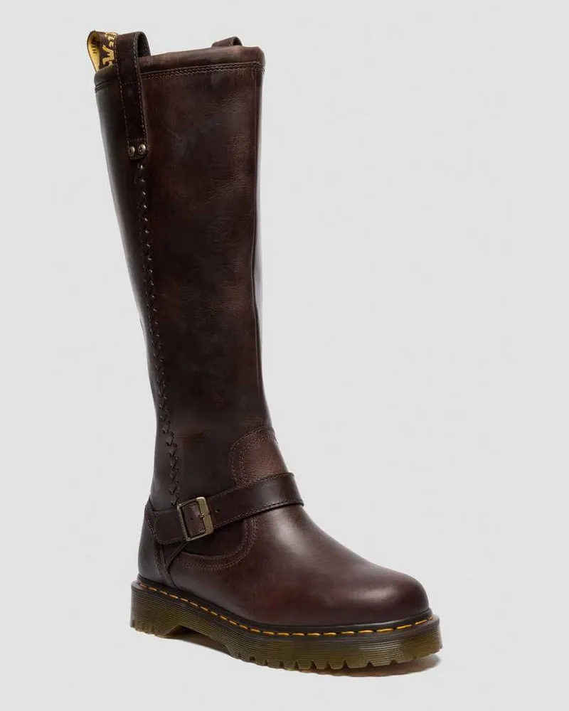 Dr.Martens Leder Anistone Kniehohe Crazy Horse Biker Stiefel in Braun, Größe Braun