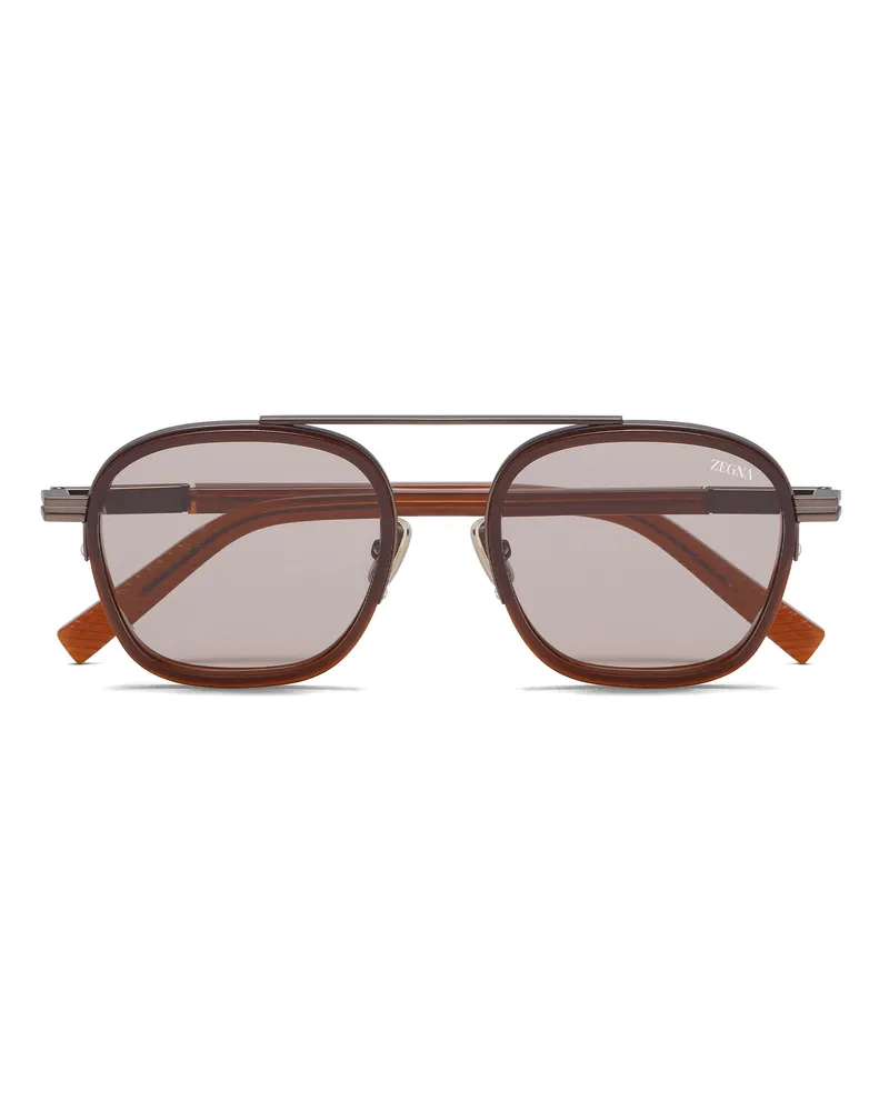 Ermenegildo Zegna Orizzonte I Sonnenbrille aus Acetat und Metall in dunklem Foliage Dunkles