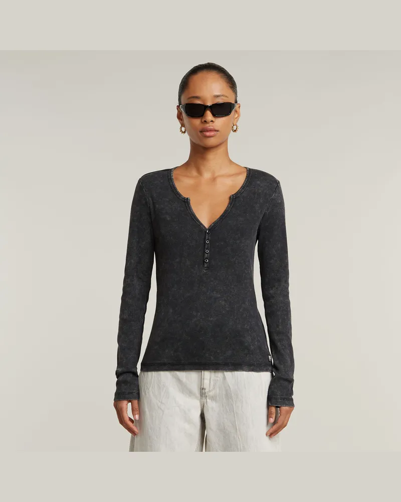 G-STAR RAW Deep V Overdyed Henley Slim Top - Schwarz - Damen Schwarz