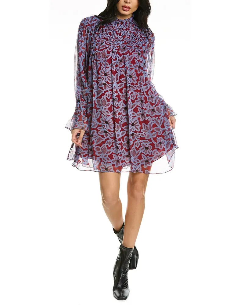 Rebecca Taylor Vera Fleur Smocked Silk Shift Dress Red